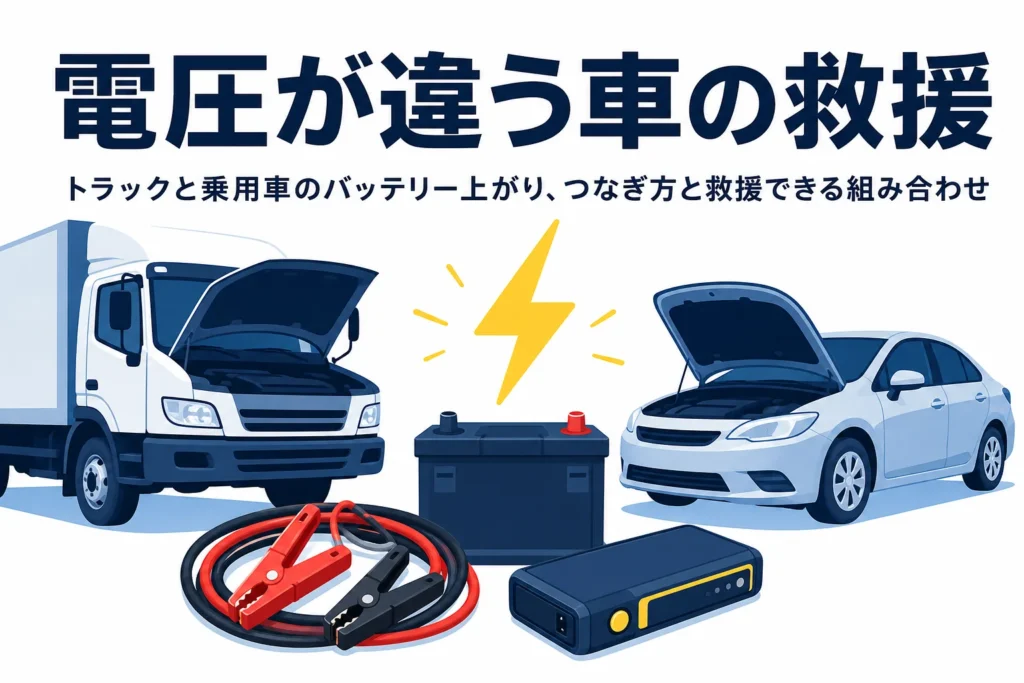 トラックと乗用車のシルエットと巻いたブースターケーブル、電圧が違う車の救援の文字