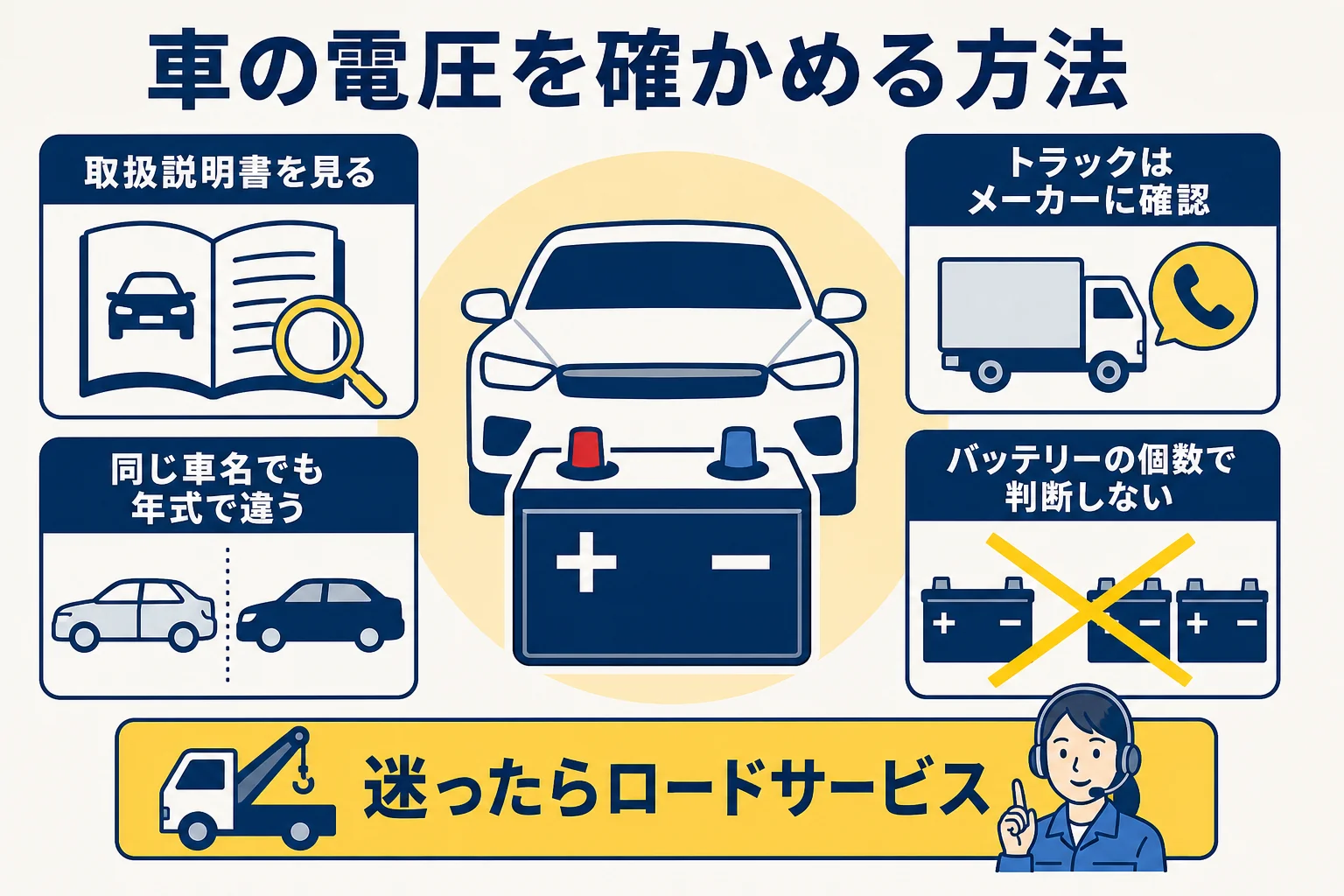 12V車と24V車を見分ける時に確かめることをまとめたチェックリストの図解