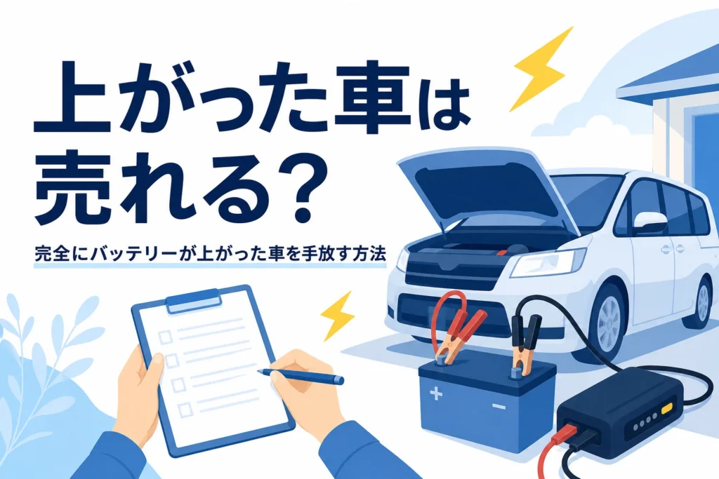 動かなくなった車の前で書類を確かめる手元と、完全にバッテリーが上がった車を手放す方法を紹介する記事タイトル