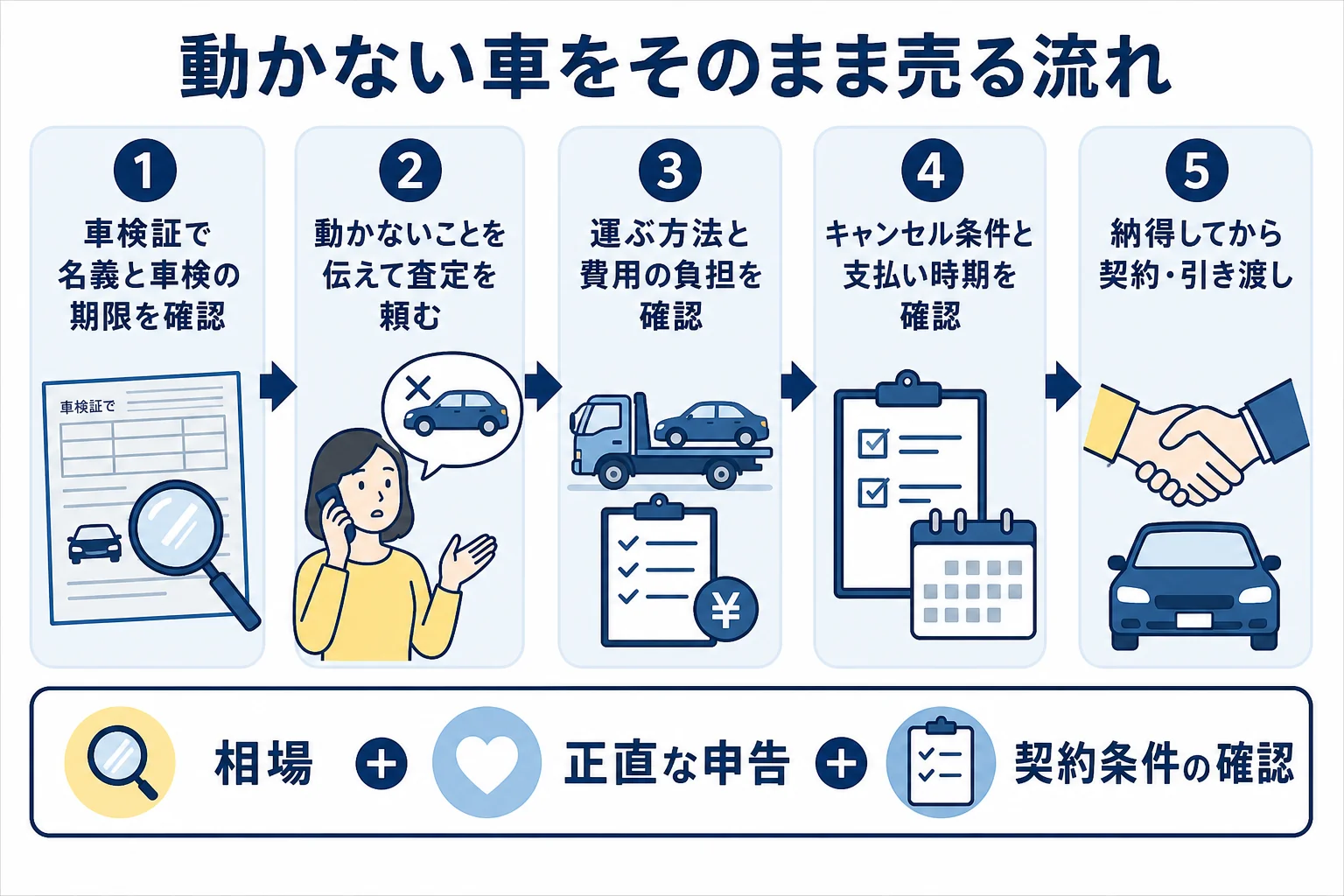 バッテリーが上がって動かない車をそのまま売る時の5つの手順を順番に並べた図解