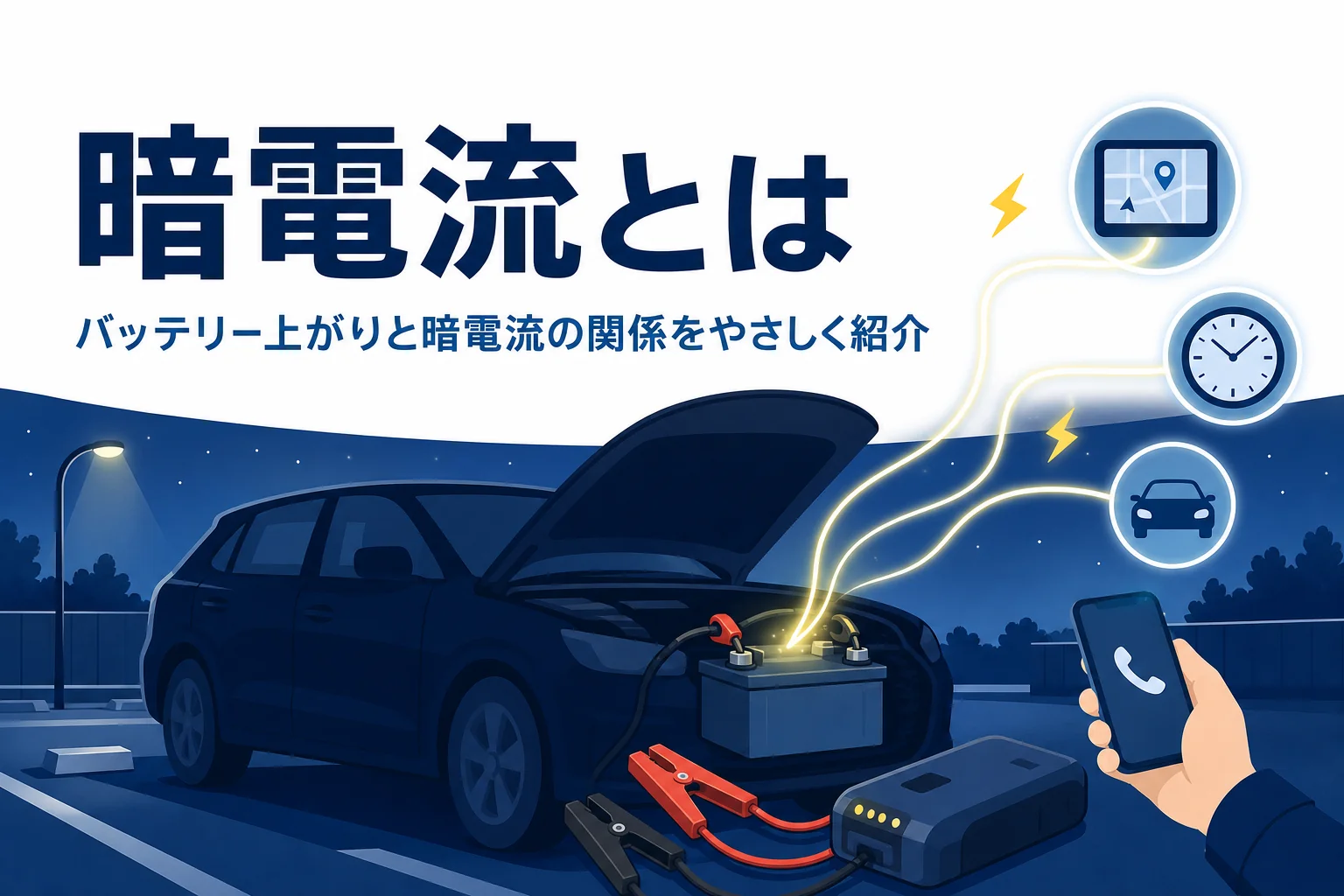 夜の駐車場に止まる車とバッテリーから流れる電気のイメージに、暗電流とバッテリー上がりを紹介する記事タイトル