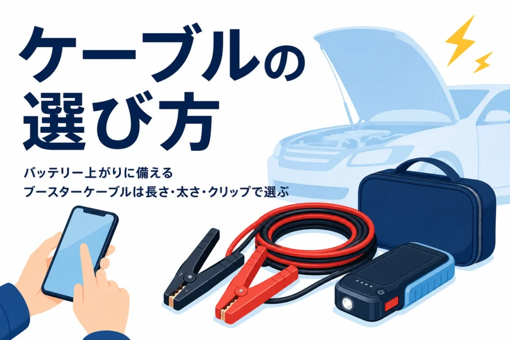束ねた赤と黒のブースターケーブルと、バッテリー上がりに備えるケーブルの選び方の文字