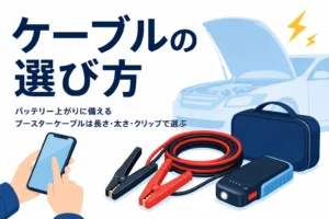 束ねた赤と黒のブースターケーブルと、バッテリー上がりに備えるケーブルの選び方の文字