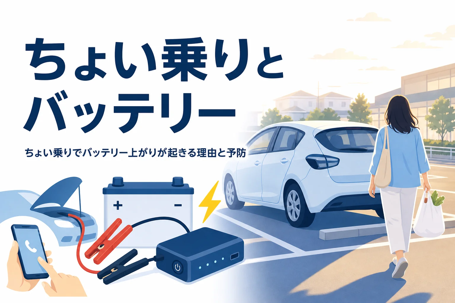 近所の駐車場に止めた車へ戻る人の後ろ姿と、ちょい乗りとバッテリー上がりの関係を紹介する記事タイトル