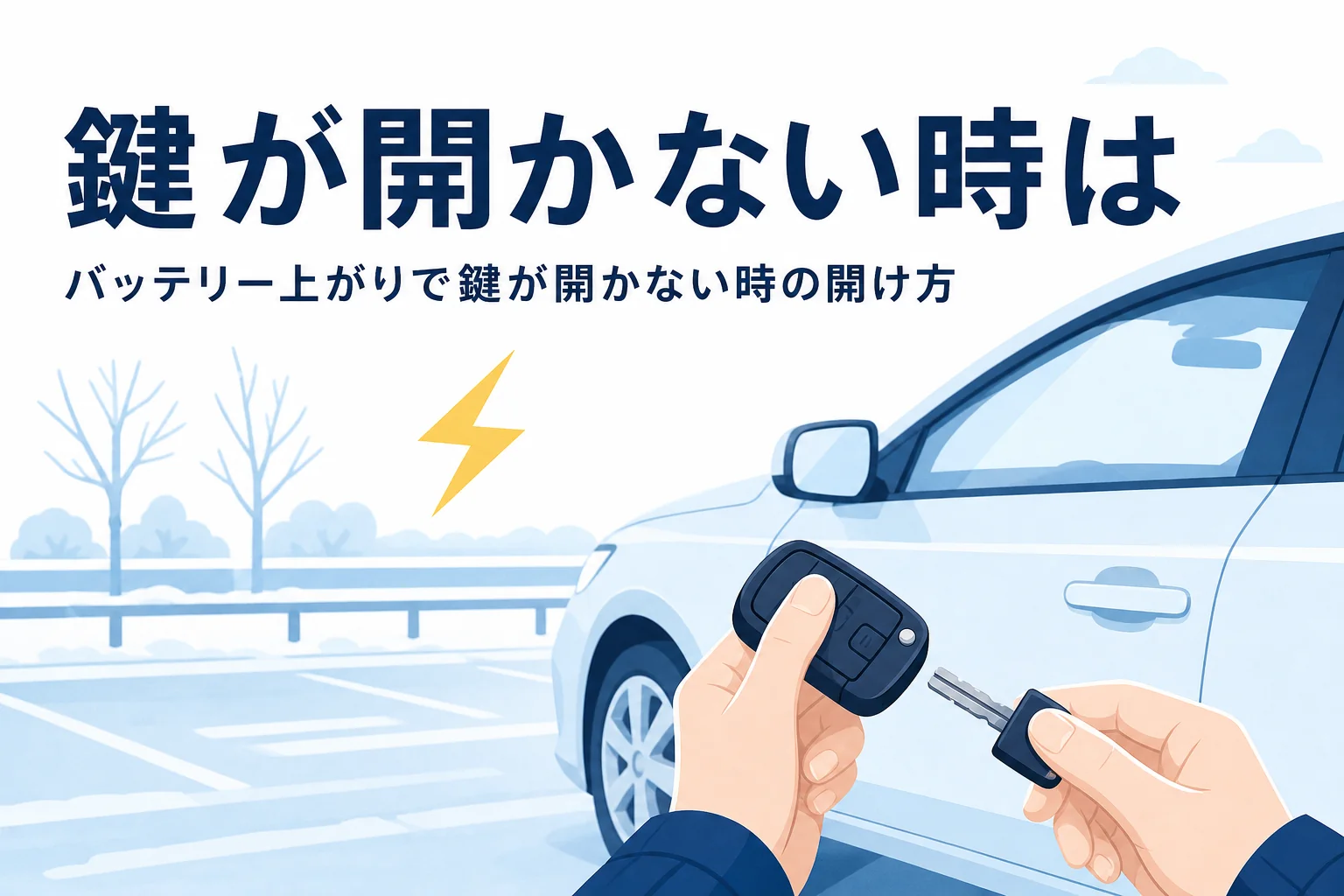 スマートキーから金属の鍵を取り出す手元と、バッテリー上がりで鍵が開かない時の開け方を紹介する記事タイトル