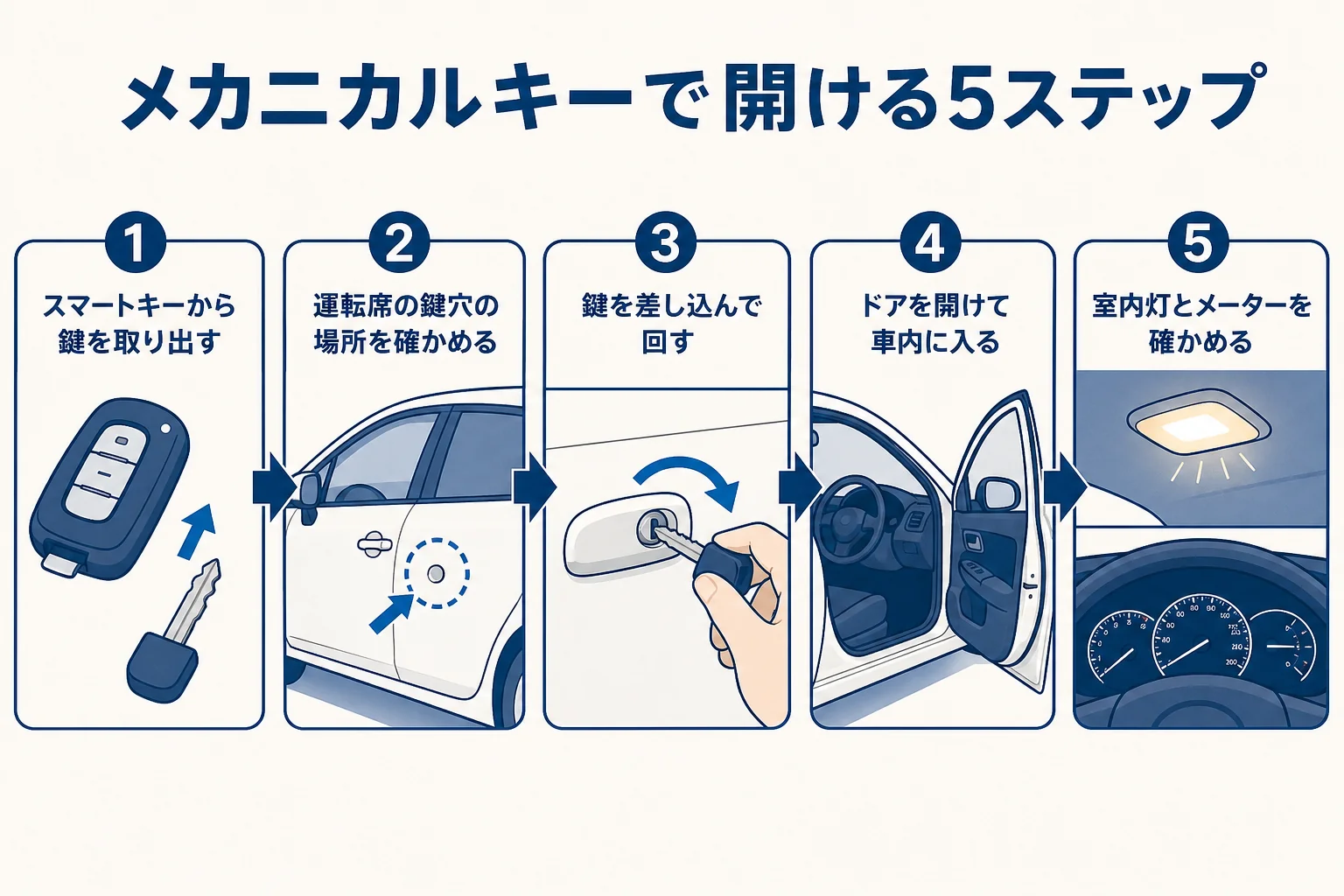 バッテリー上がりで鍵が開かない時にメカニカルキーで運転席のドアを開ける流れを番号で示した図解