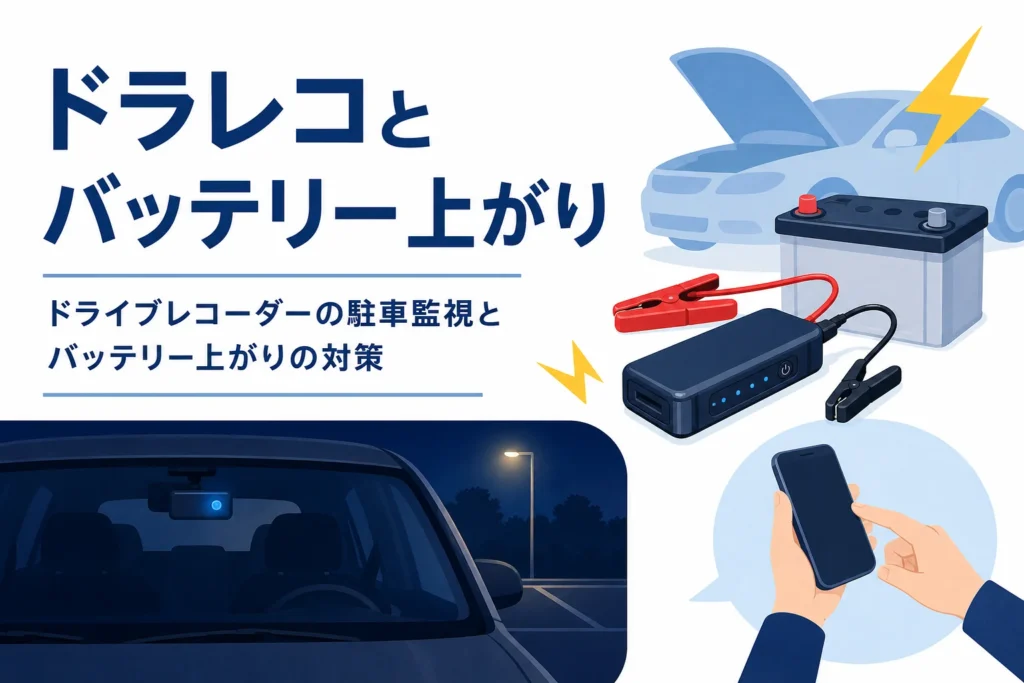 夜の駐車場で光るドライブレコーダーのランプと、駐車監視とバッテリー上がりの対策を紹介する記事タイトル