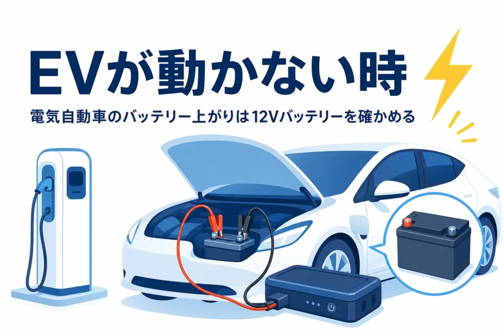 充電スタンドの近くの電気自動車とブースターケーブル、電気自動車のバッテリー上がりを紹介する記事タイトル