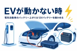 充電スタンドの近くの電気自動車とブースターケーブル、電気自動車のバッテリー上がりを紹介する記事タイトル