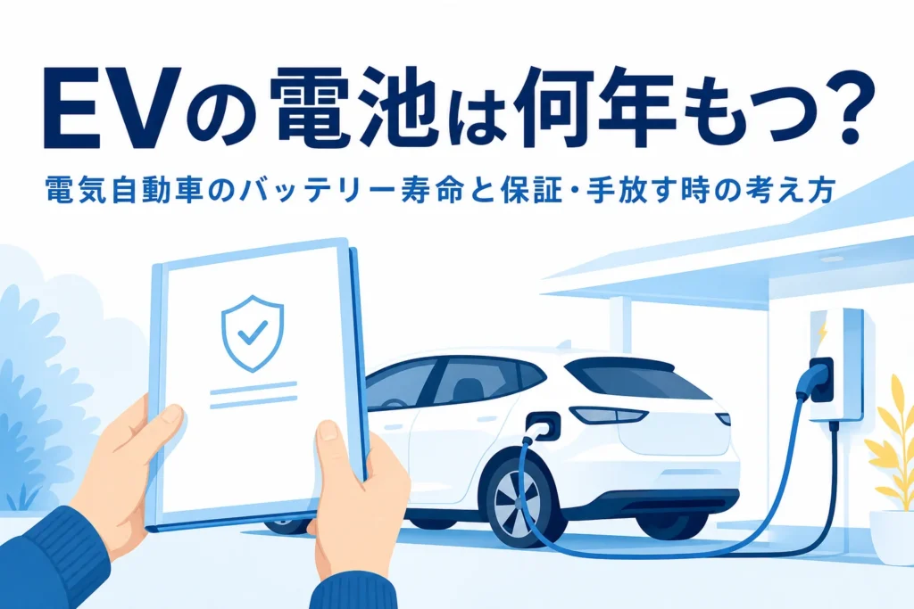 充電中の電気自動車と保証書を持つ手元、電気自動車のバッテリー寿命を紹介する記事タイトル