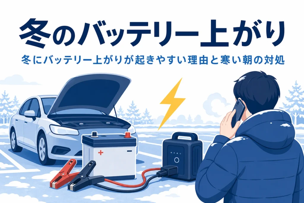 雪の積もった冬の朝にボンネットを開けた車の前で電話をかける人の後ろ姿と、冬のバッテリー上がりを紹介する記事タイトル