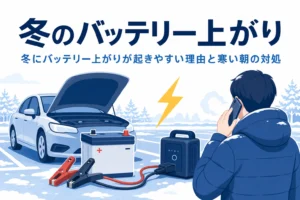 雪の積もった冬の朝にボンネットを開けた車の前で電話をかける人の後ろ姿と、冬のバッテリー上がりを紹介する記事タイトル