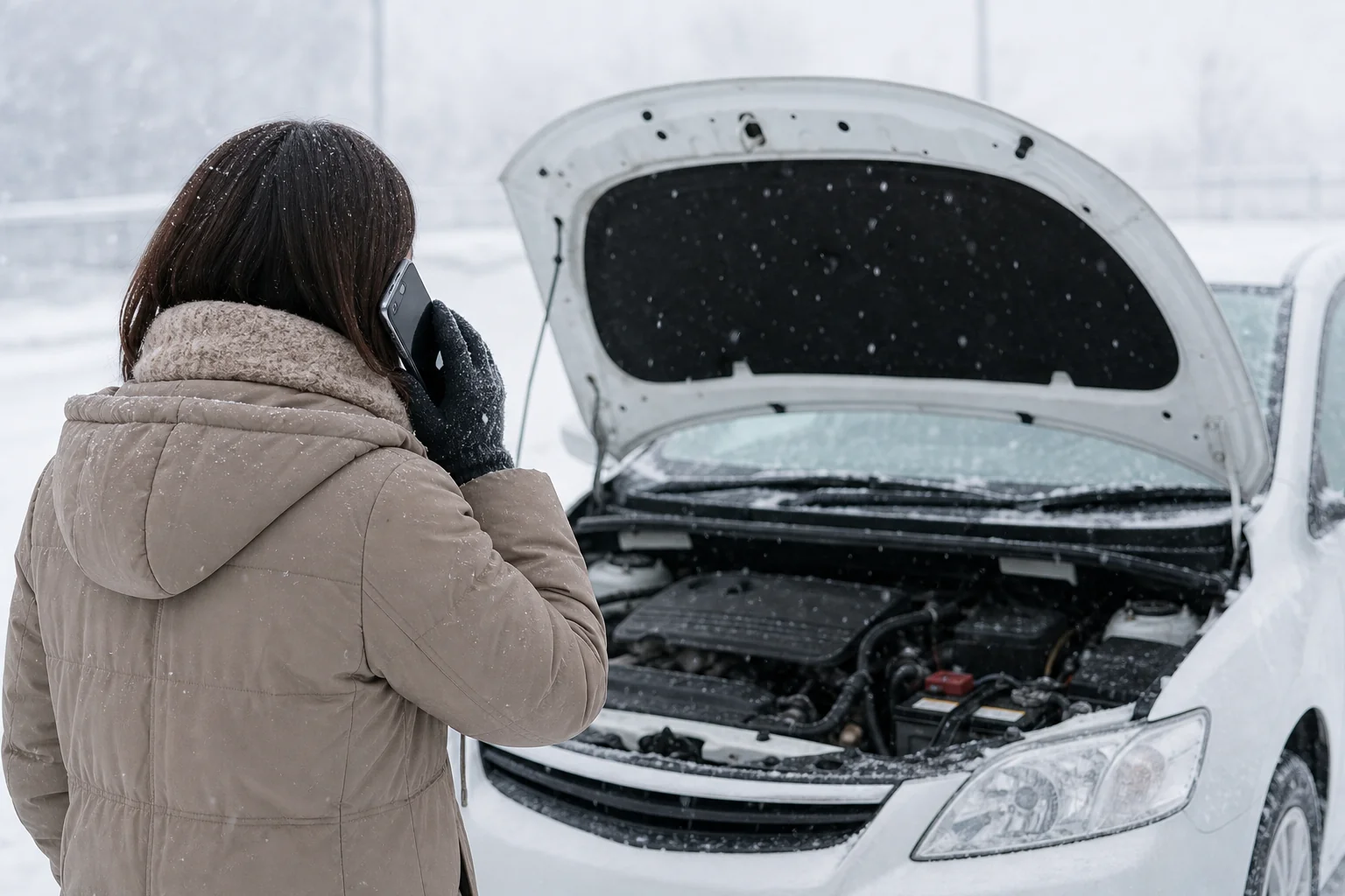 雪の日にバッテリーが上がり、車のそばでロードサービスに電話をかける人の後ろ姿の写真