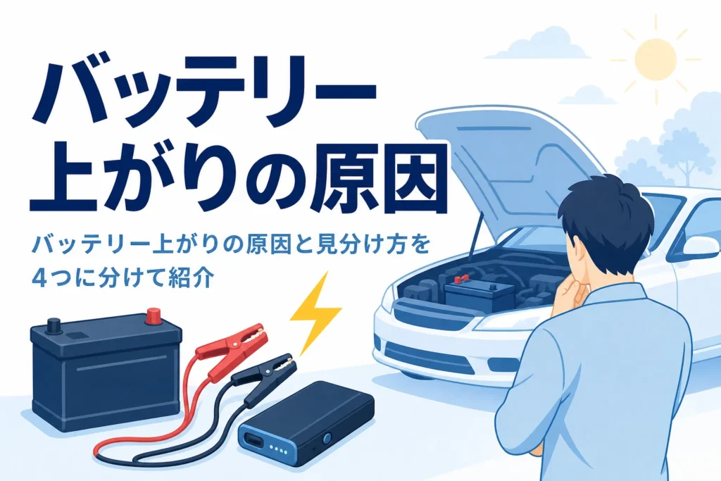 ボンネットを開けた車の前で考え込む人の後ろ姿と、バッテリー上がりの原因を紹介する記事タイトル