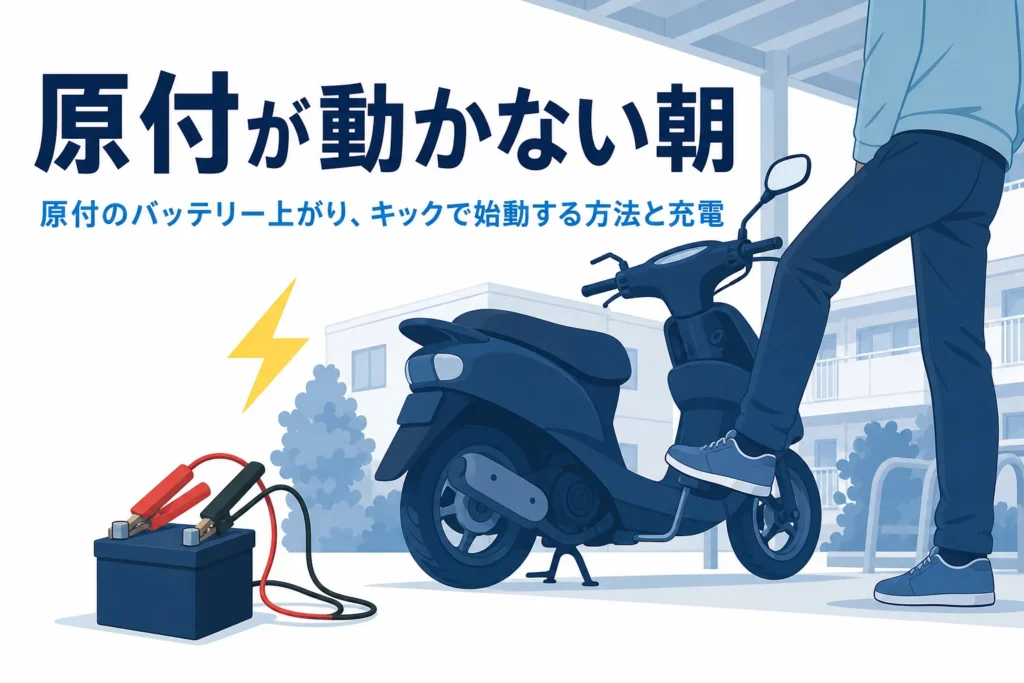駐輪場の原付とキックペダルに足をかける足元、原付が動かない朝の文字