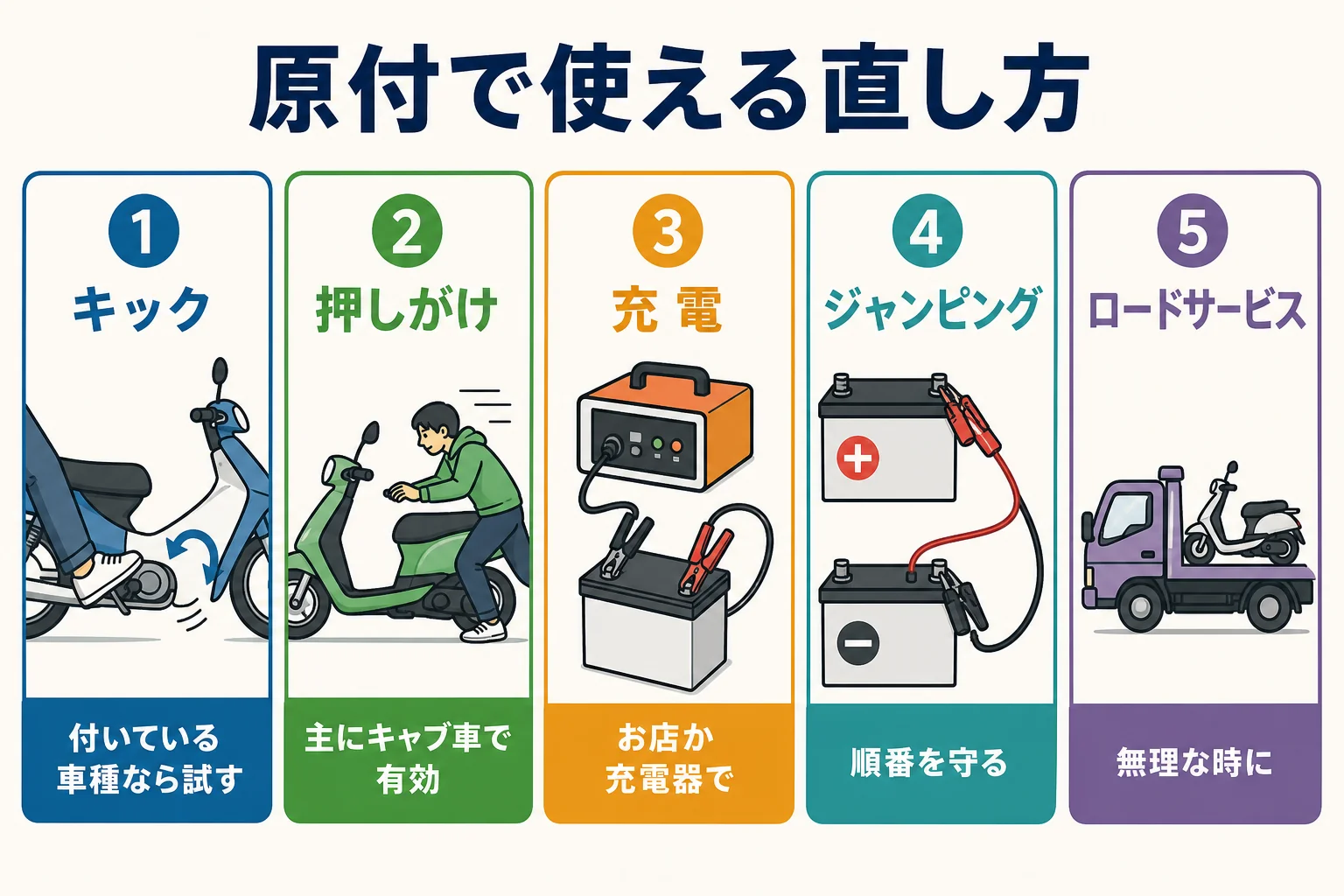 原付のバッテリー上がりでキック・押しがけ・充電ができるかを並べた図解