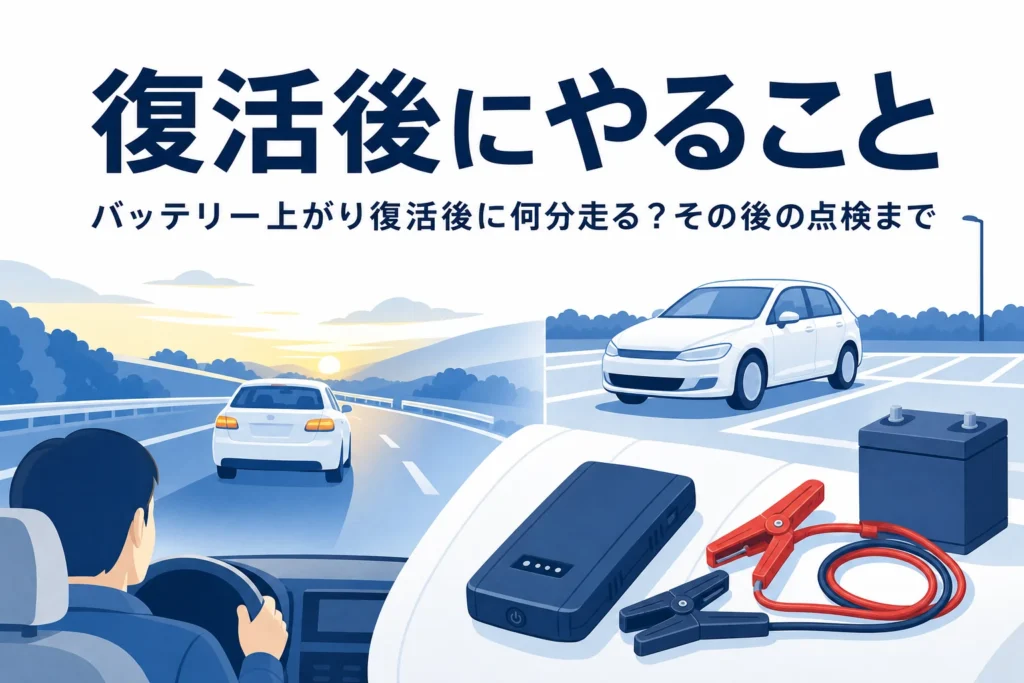 走り出す車のシルエットと、バッテリー上がり復活後にやることを紹介する記事タイトル