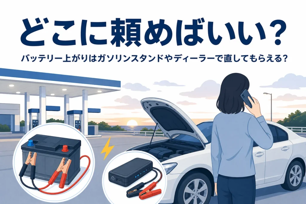 ガソリンスタンドの手前でボンネットを開けた車と電話をかける人、どこに頼めばいいの文字
