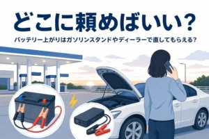 ガソリンスタンドの手前でボンネットを開けた車と電話をかける人、どこに頼めばいいの文字
