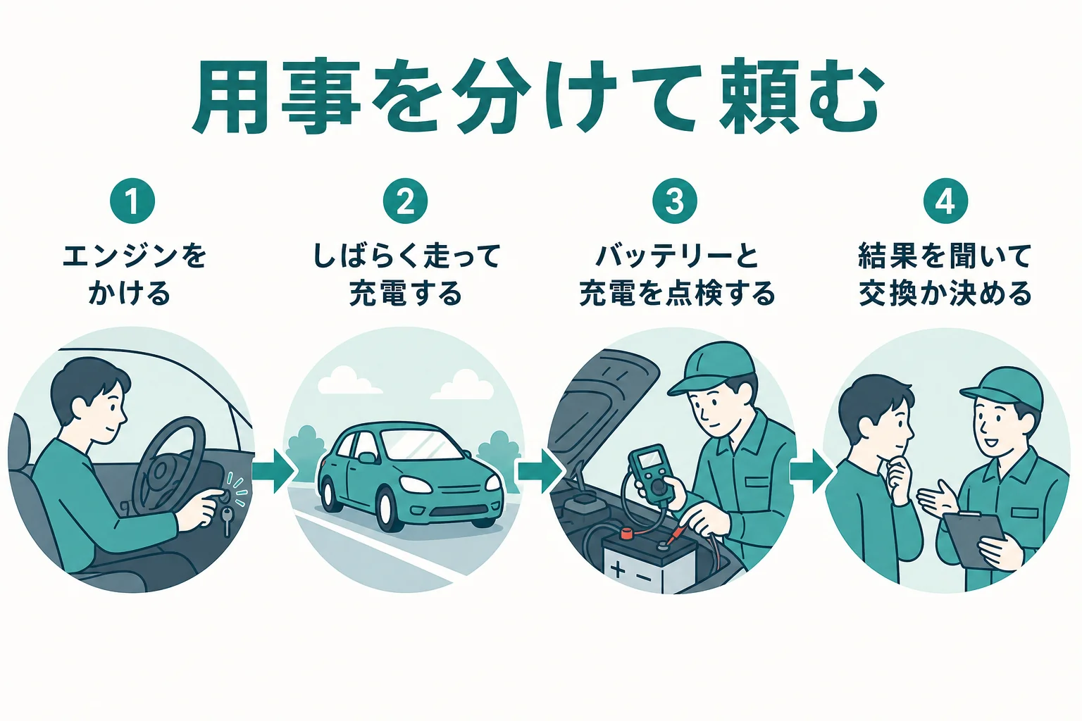 バッテリー上がりの用事をかける・点検・交換の順に分けた図解