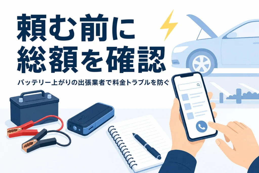 ボンネットを開けた車とスマートフォンを持つ手元、バッテリー上がりの出張業者に頼む時の注意を紹介する記事タイトル