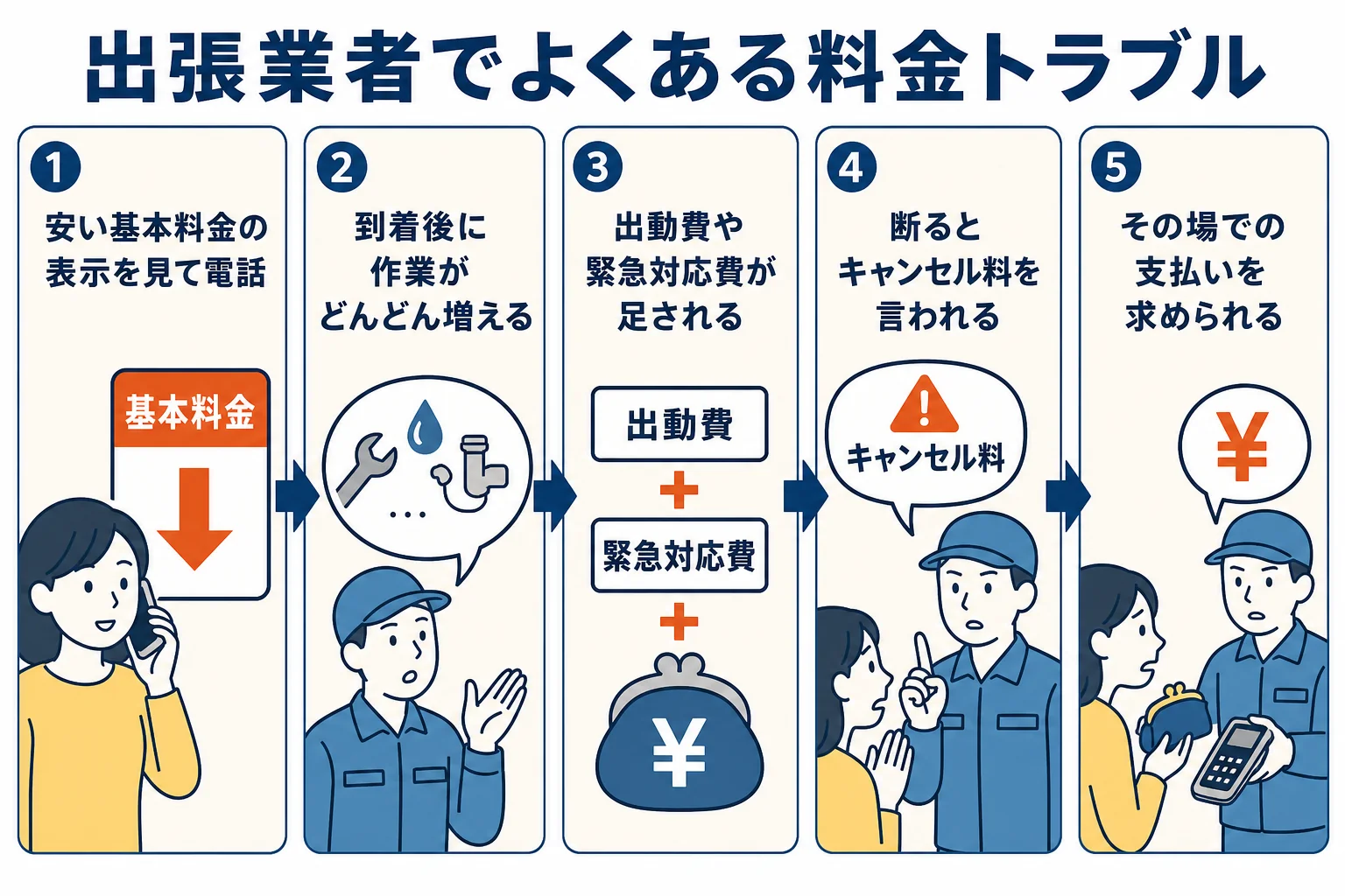バッテリー上がりの出張業者でよくある料金トラブルの流れを示した図解