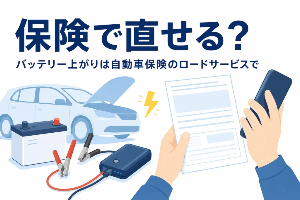 保険証券を見ながら電話をかける手元とボンネットを開けた車、自動車保険のロードサービスでバッテリー上がりを直す記事タイトル