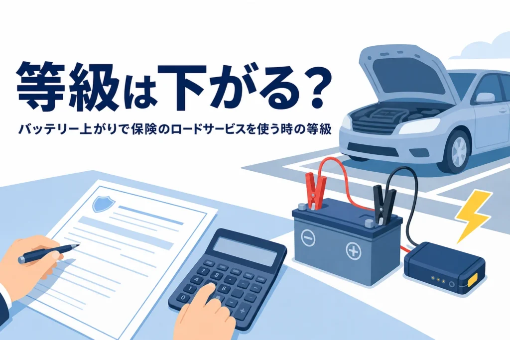 ボンネットを開けた車と保険の書類、バッテリー上がりでロードサービスを使った時の等級を解説する記事タイトル