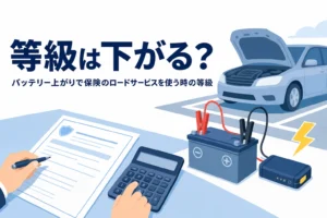 ボンネットを開けた車と保険の書類、バッテリー上がりでロードサービスを使った時の等級を解説する記事タイトル