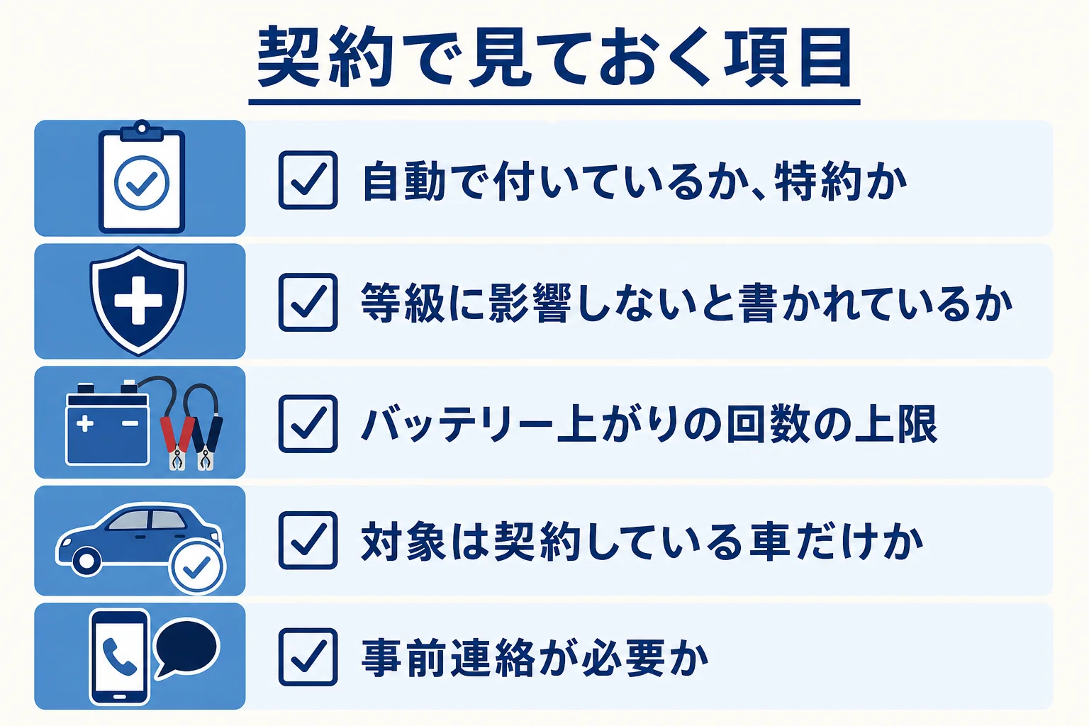 バッテリー上がりで保険のロードサービスを使う前に、契約で見ておく項目をまとめた図解