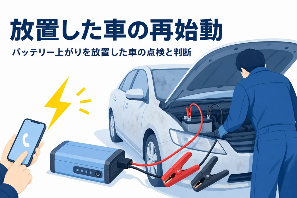 長く停めたままの車のボンネットを開けてバッテリーを確かめる人の後ろ姿と、バッテリー上がりを放置した車の点検を紹介する記事タイトル