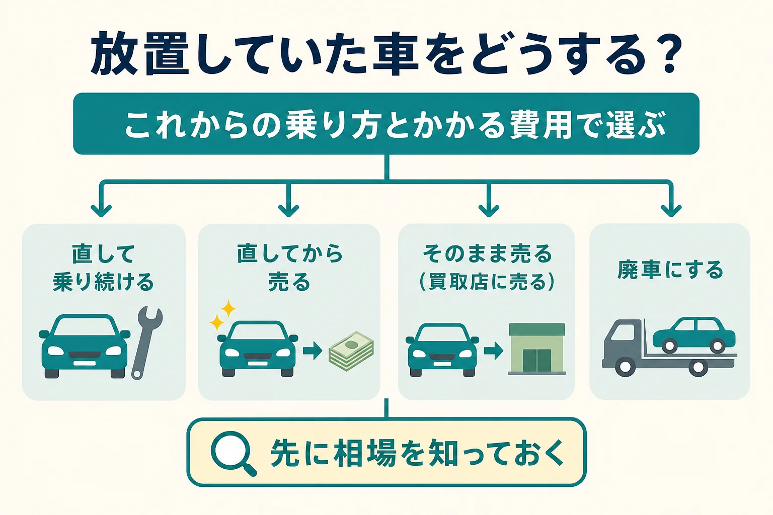 放置していた車を、直して乗る・直してから売る・そのまま売る・廃車にするの4つで比べる判断の図解