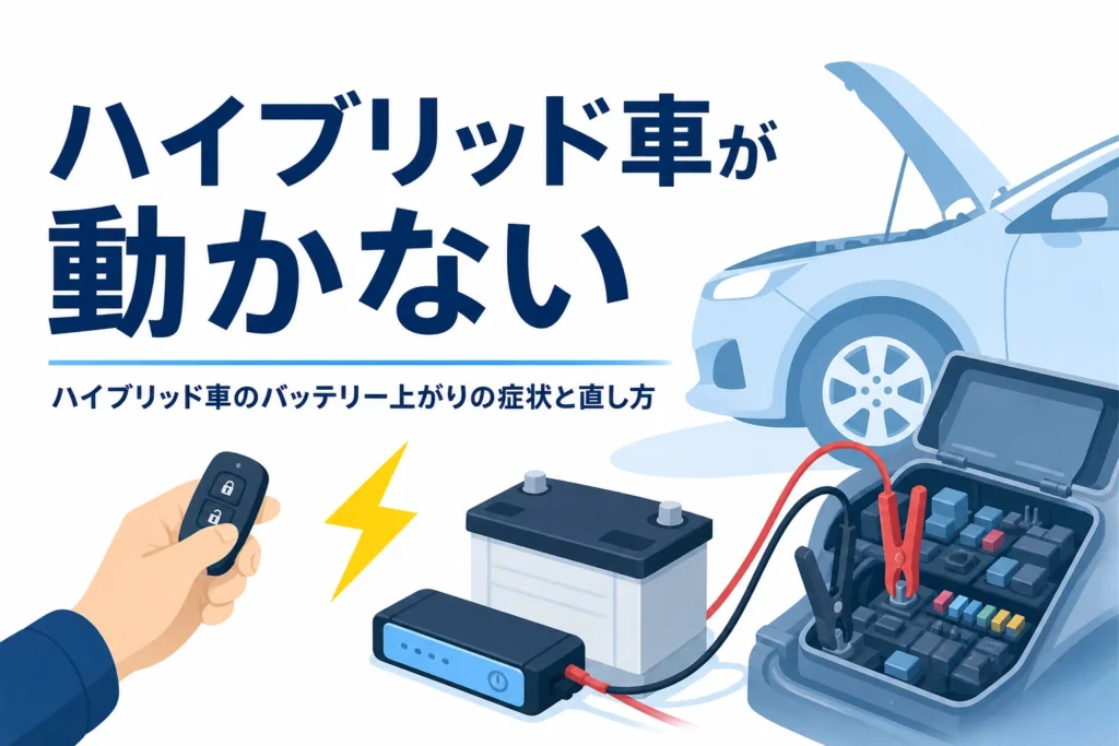 ボンネットを開けた車とブースターケーブル、ハイブリッド車のバッテリー上がりを紹介する記事タイトル