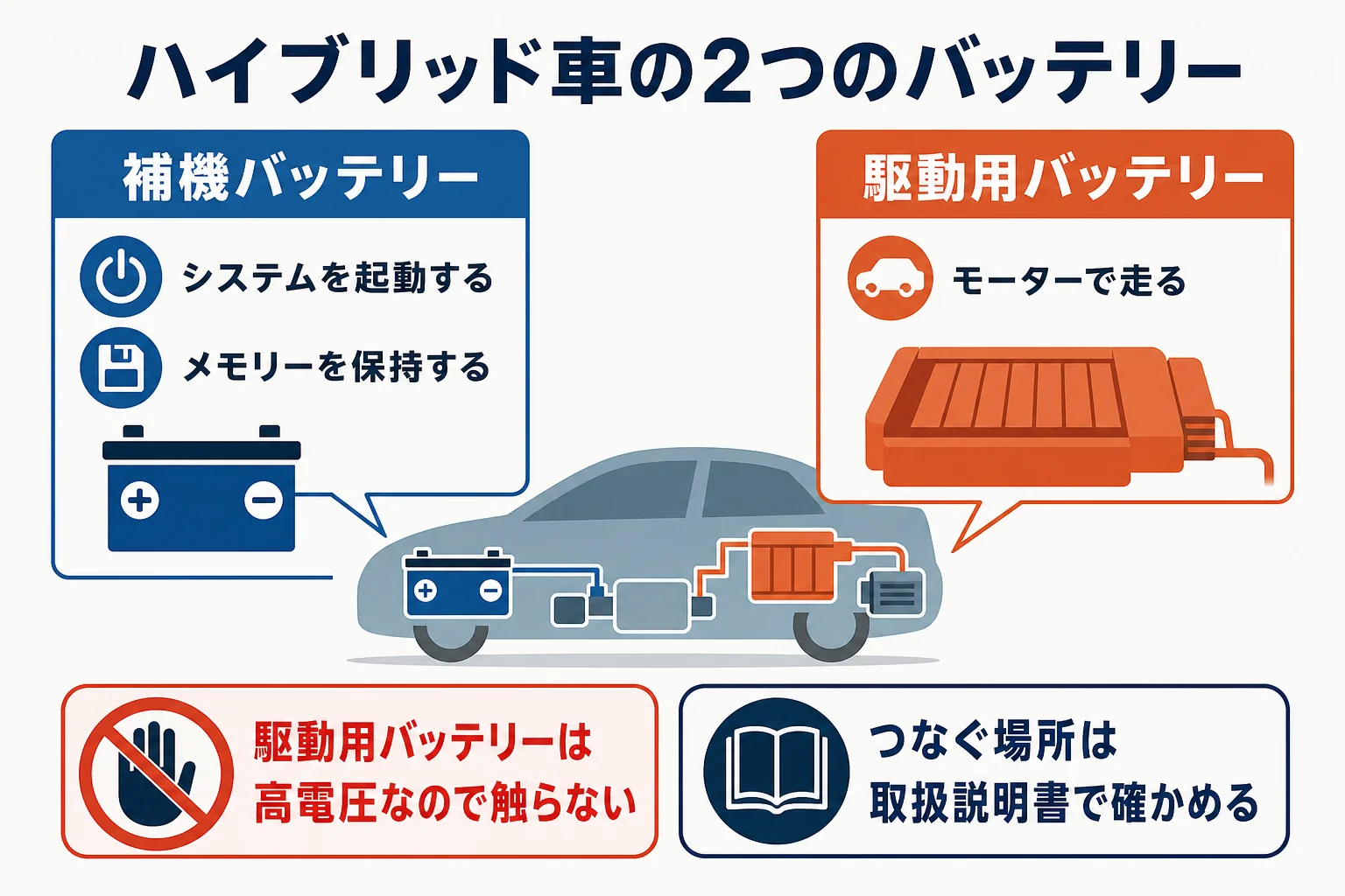 ハイブリッド車の補機バッテリーと駆動用バッテリーの役割の違いをまとめた図解