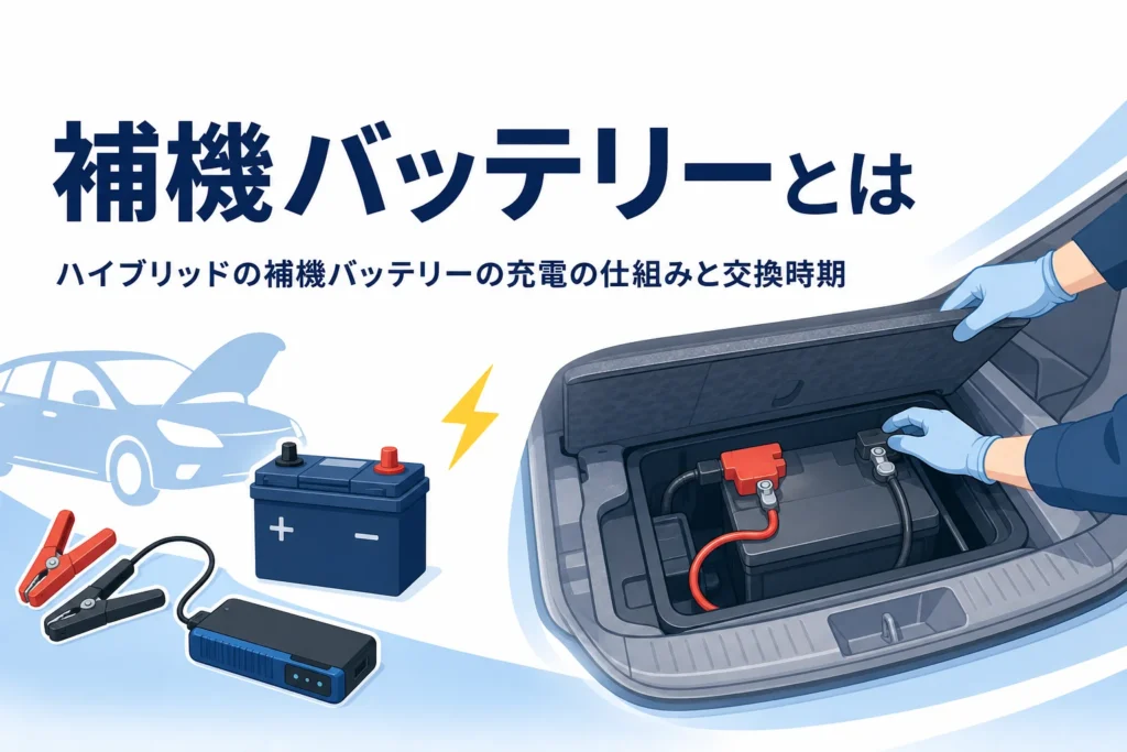 荷室に置かれた補機バッテリーと、ハイブリッド車の補機バッテリーを紹介する記事タイトル