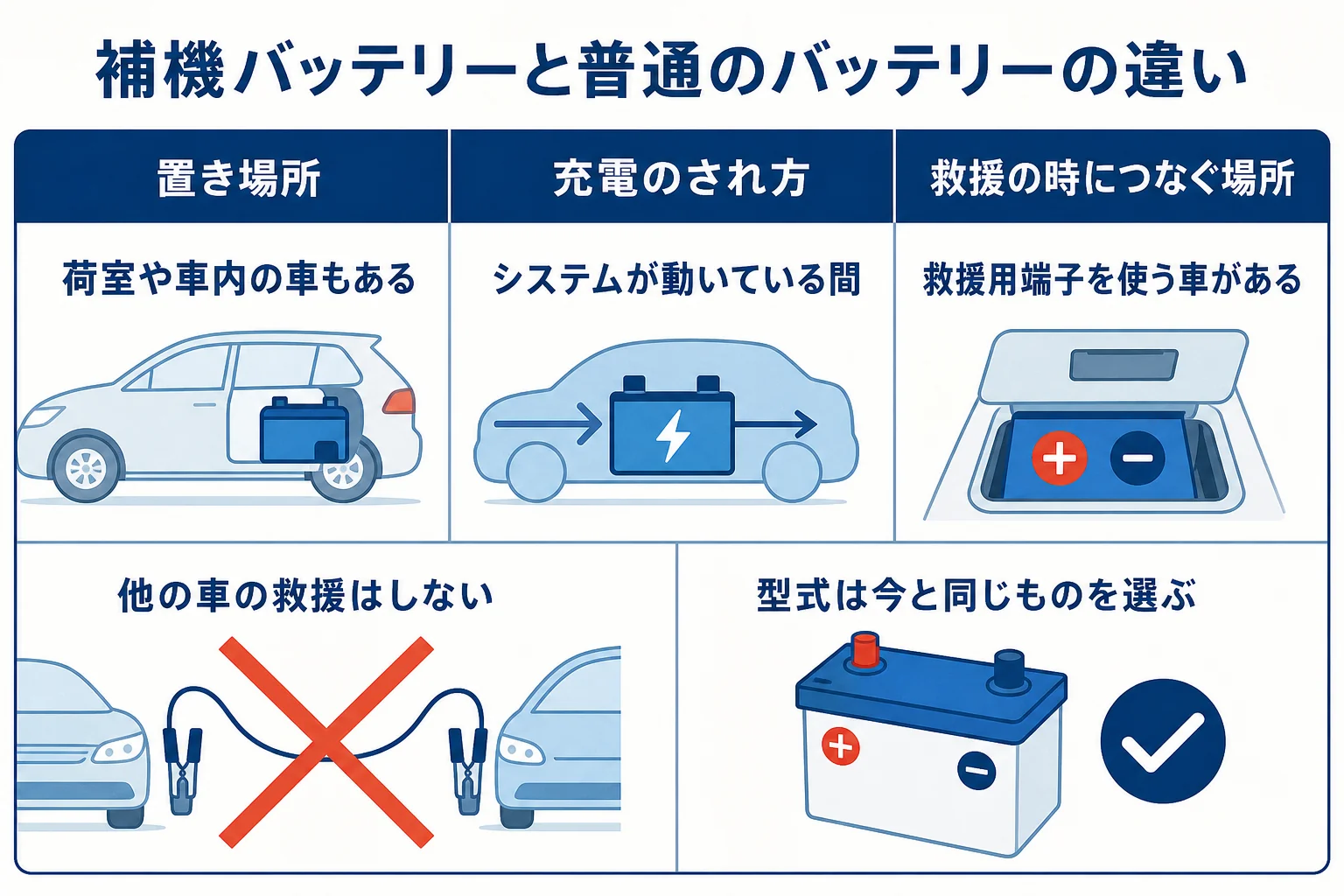 補機バッテリーと普通の車のバッテリーの違いを置き場所・充電のされ方・救援用端子で比べた図解