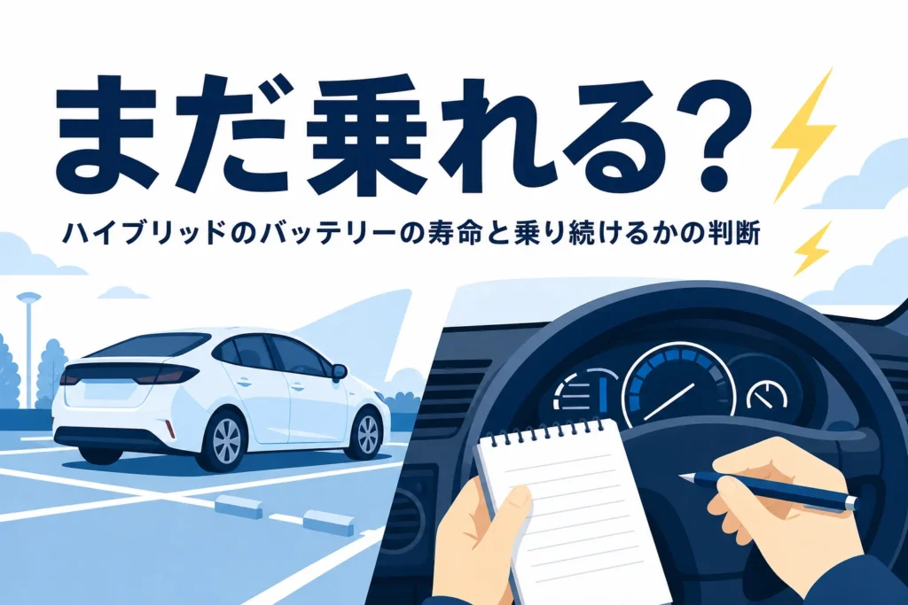運転席から見たメーターと手元のメモ、ハイブリッド車のバッテリー寿命を紹介する記事タイトル