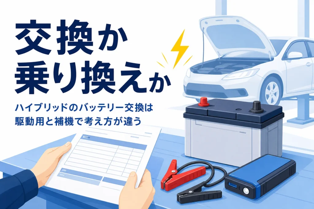 整備工場の車とバッテリー、見積書を持つ手元と、ハイブリッドのバッテリー交換を紹介する記事タイトル