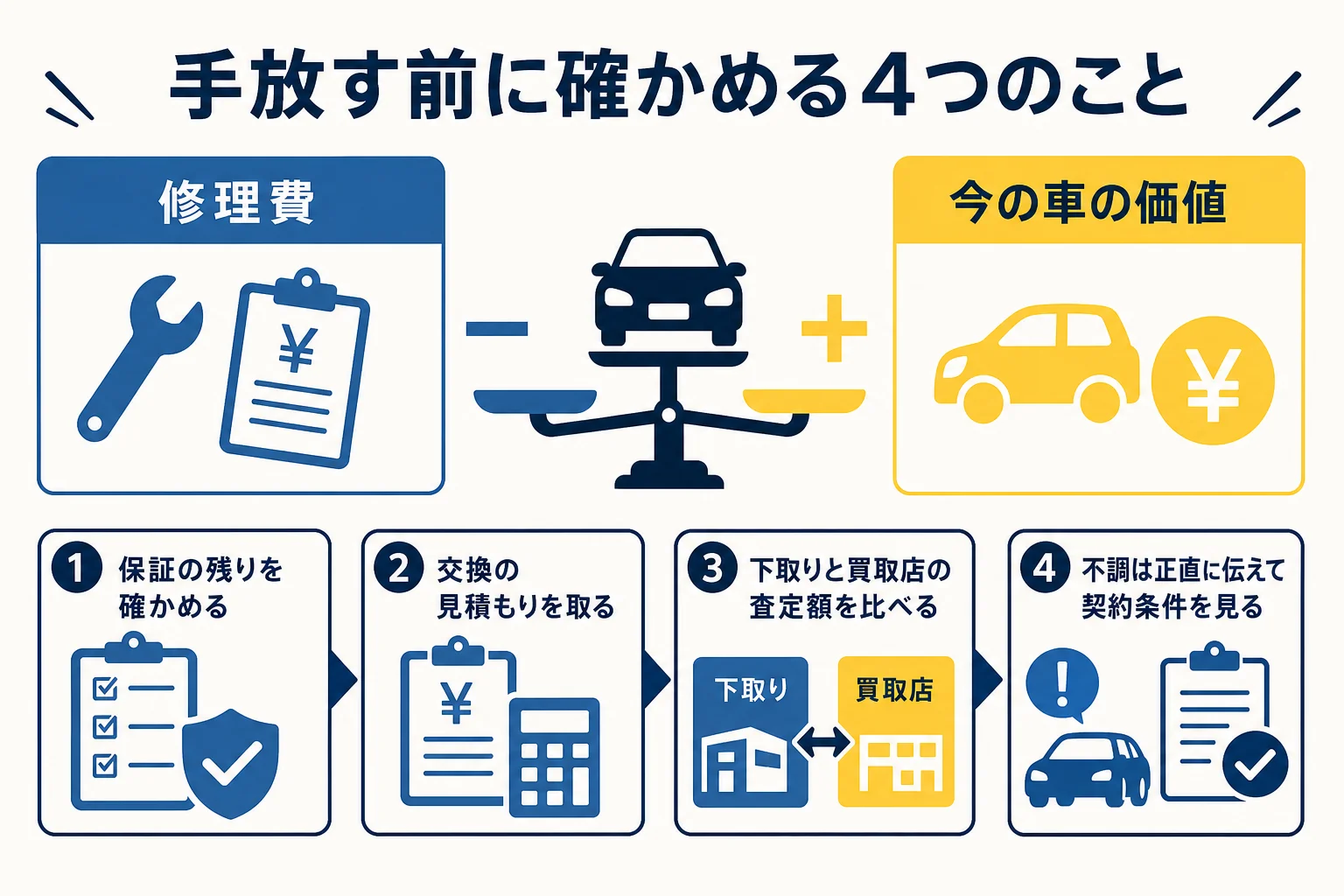 ハイブリッド車を手放す時に確かめたいポイントを順番に並べた図解