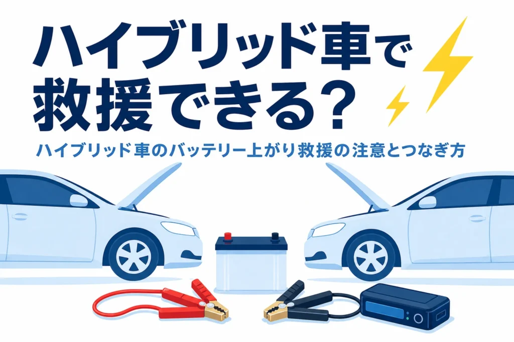 向かい合う2台の車とブースターケーブル、ハイブリッド車の救援の注意を紹介する記事タイトル