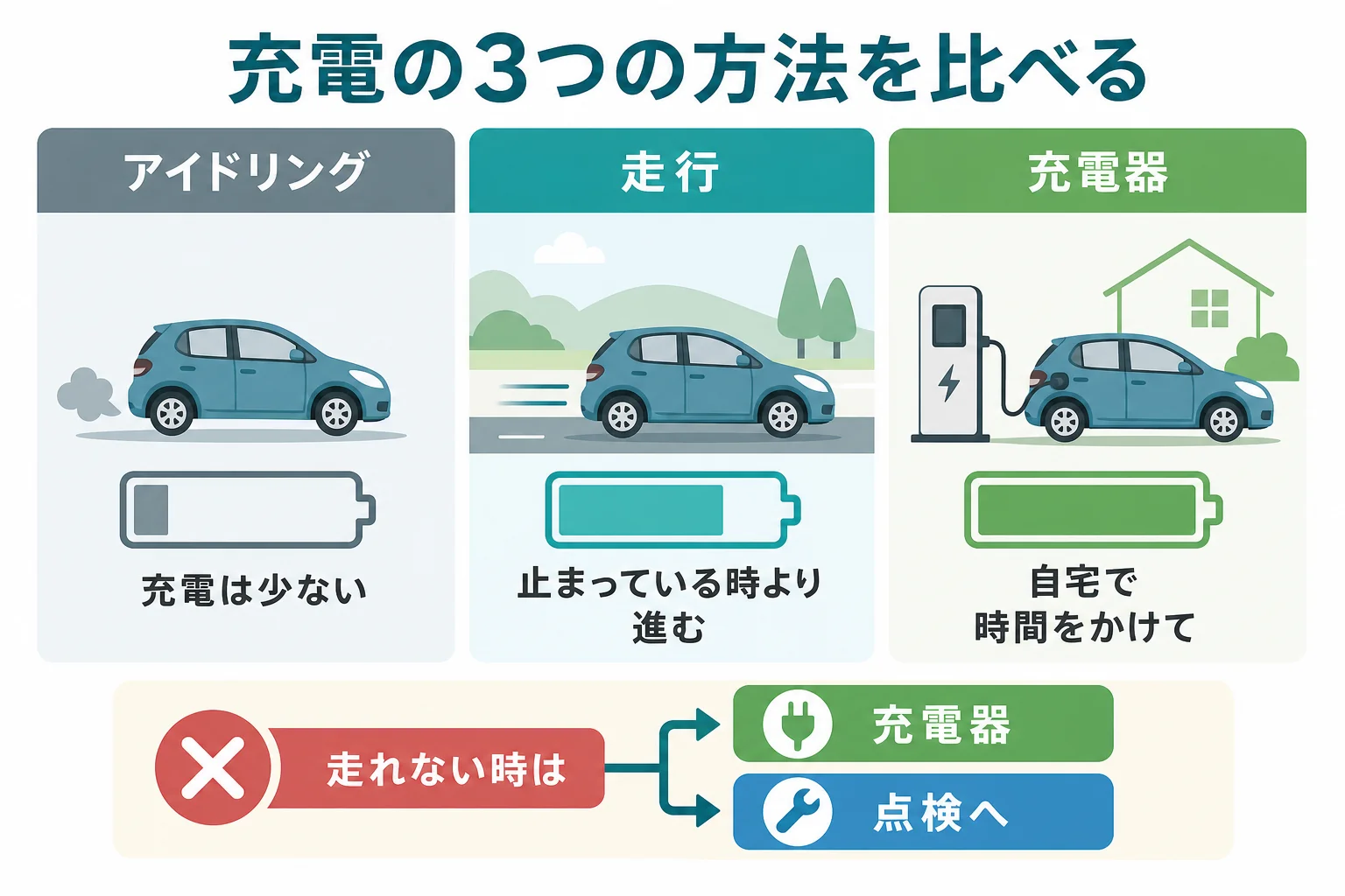 アイドリング・走行・充電器の3つを、充電の進み方と向く場面で比べた図解