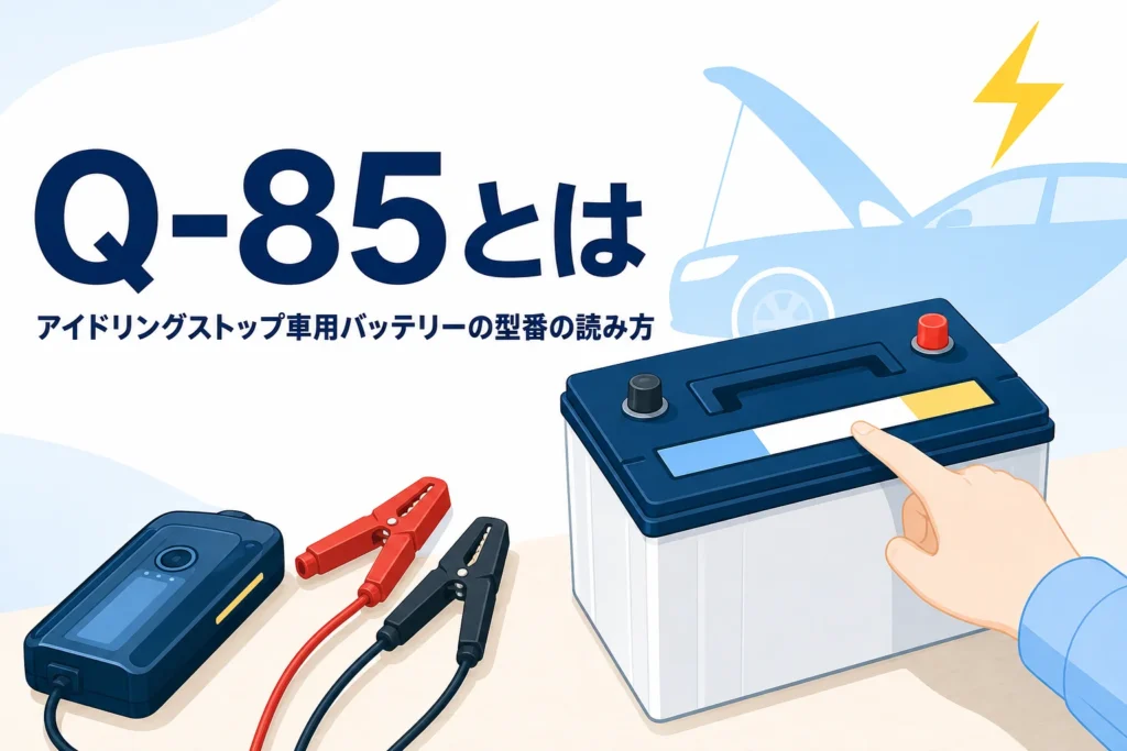 車のバッテリーのラベルを指さす手元と、バッテリーQ-85の意味を紹介する記事タイトル