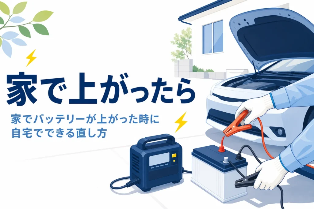 自宅の駐車場で充電器を準備する手元と、家でバッテリーが上がった時の直し方を紹介する記事タイトル