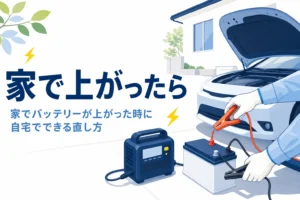 自宅の駐車場で充電器を準備する手元と、家でバッテリーが上がった時の直し方を紹介する記事タイトル