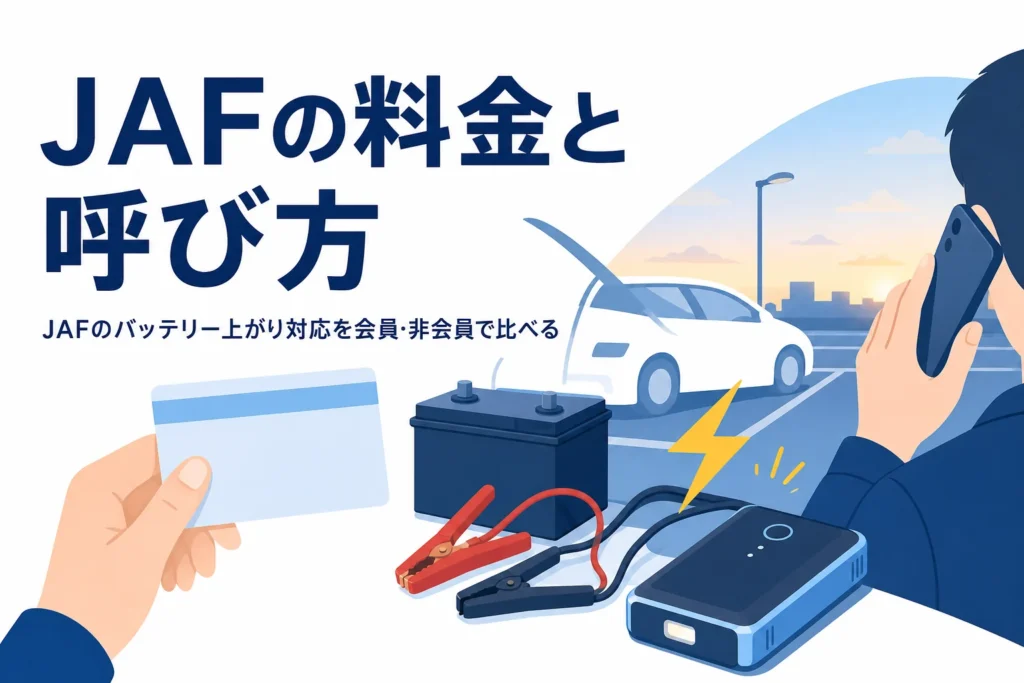 ボンネットを開けた車と電話をかける手元、JAFのバッテリー上がり対応を紹介する記事タイトル