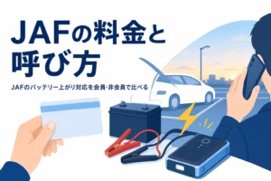 ボンネットを開けた車と電話をかける手元、JAFのバッテリー上がり対応を紹介する記事タイトル