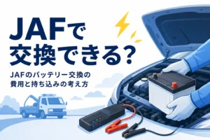 新しいバッテリーを持つ手元とボンネットを開けた車、JAFでのバッテリー交換を紹介する記事タイトル