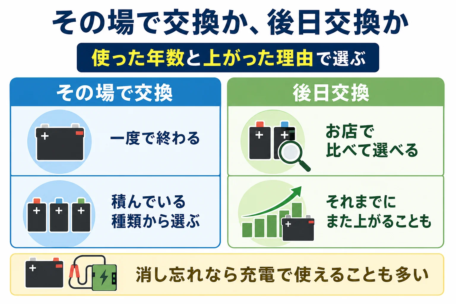 JAFでその場で交換する場合と、応急始動だけ頼んで後日交換する場合を比べた図解