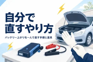 自宅の駐車場でジャンプスターターとケーブルを準備する手元と、バッテリー上がりを自分で直すやり方を紹介する記事タイトル