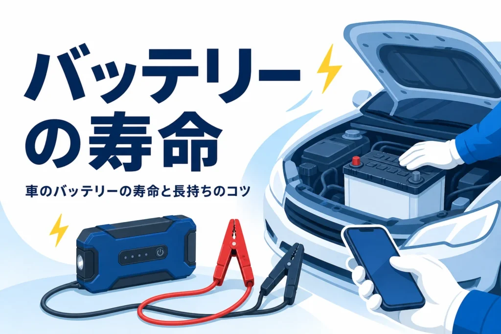 ボンネットを開けた車のバッテリーを点検する手元と、車のバッテリーの寿命を紹介する記事タイトル